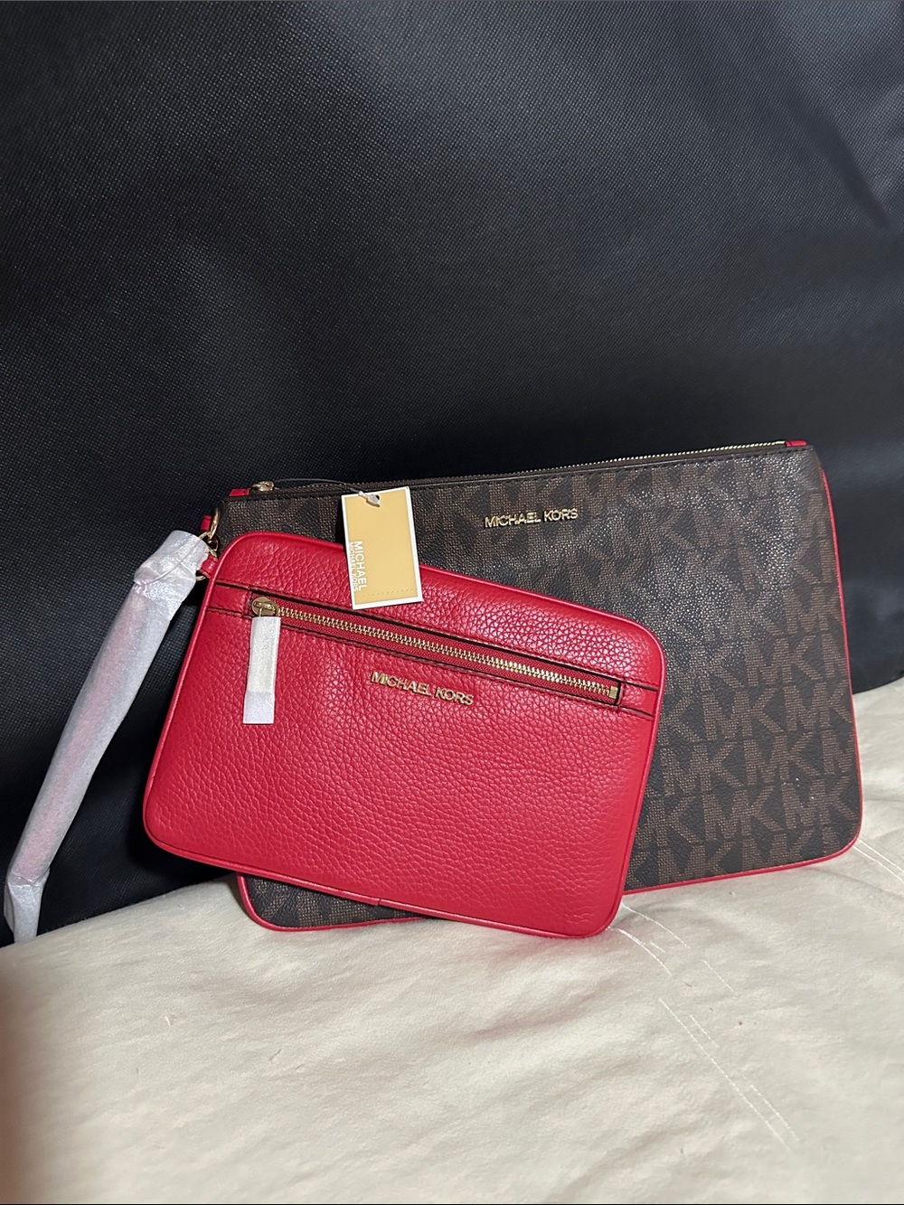 Michael Kors Brown MK Logo Pouch with Red Pebbled Leather Insert - Picture 1 of 2